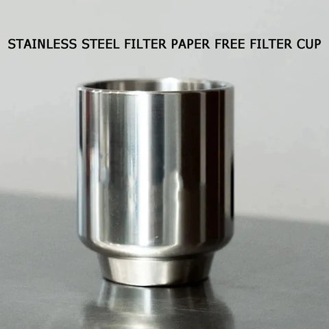 Rock Solid Stainless Steel Pour Over Coffee Dripper With Fine Mesh Metal Filter For Zero Paper Nonsense And Camp Ready Brewing front view of a reusable filter cup.