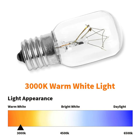 E17 Base 40W 125V Microwave Light Bulbs 2 Pack For GE Kenmore Whirlpool LG Maytag Amana, showing bulb with warm white light chart