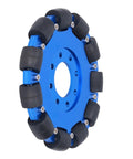 5-inch omnidirectional wheel for robots, aluminum alloy, precision machined, blue, with dual bearings and silicone rollers for smooth mobility.