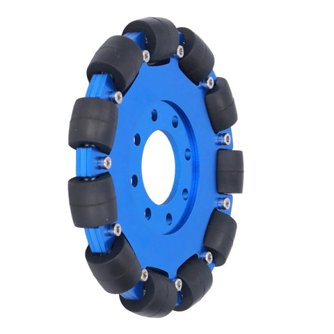 5 inch omnidirectional wheel for robots with aluminum hub and silicone rollers, perfect for precise movement in DIY robotics.