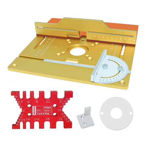 Slick Aluminum Router Table Insert Plate With Precision Center Bushing For Rock Solid Wood Milling And Trimming Heavy Duty Flip Mount Board. Includes gauge.