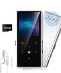 64GB MP3 Player With Bluetooth 5.2 And Built In HD Speaker, silver, front and back view, earphones, 64GB card visible