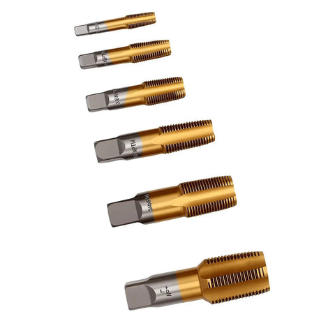 Six Piece Ti Coated Carbon Steel NPT Pipe Tap Set With Storage Case For Plumbing Automotive And Construction Jobs - Includes 1/8 In, 1/4 In, 3/8 In, 1/2 In, 3/4 In And 1 In Hand Threading Taps, shown in sizes