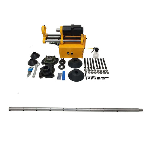 Front view of Yokoma portable line boring machine with control handle, long connecting rod, and assorted accessories.