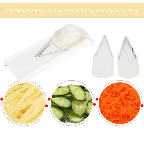 V Shape Mandoline Slicer For Quick Safe Veggie Slicing And Grating With Non Slip Base And Hand Guard, visible with cut vegetables