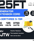 Heavy Duty 25 Ft Generator Extension Cord With Locking NEMA L5-30P And Three 5-15R Receptacles, 10 Gauge Flexible Power Cable