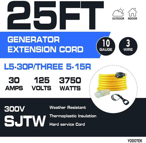 Heavy Duty 25 Ft Generator Extension Cord With Locking NEMA L5-30P And Three 5-15R Receptacles, 10 Gauge Flexible Power Cable