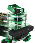 Front view of Yahboom 2-DOF servo pan-tilt kit mounted on a green robotic chassis with metal frame