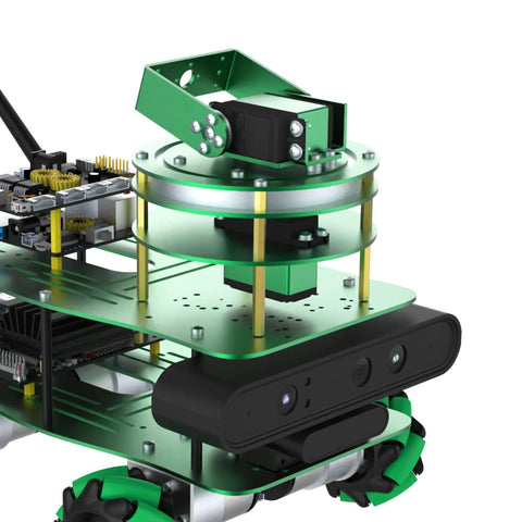 Front view of Yahboom 2-DOF servo pan-tilt kit mounted on a green robotic chassis with metal frame