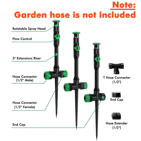 Flexible Sprinkler System With Metal Spike Base For Above Ground Lawn Irrigation Kit No Fuss Adjustable Sprinklers diagram