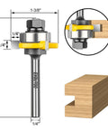 Rock Solid T Shape Tongue And Groove Router Bit Set One Quarter Inch Shank with dimensions for precise wood cuts.
