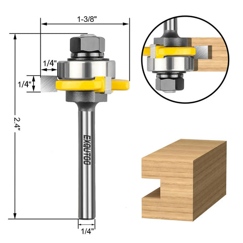 Rock Solid T Shape Tongue And Groove Router Bit Set One Quarter Inch Shank with dimensions for precise wood cuts.
