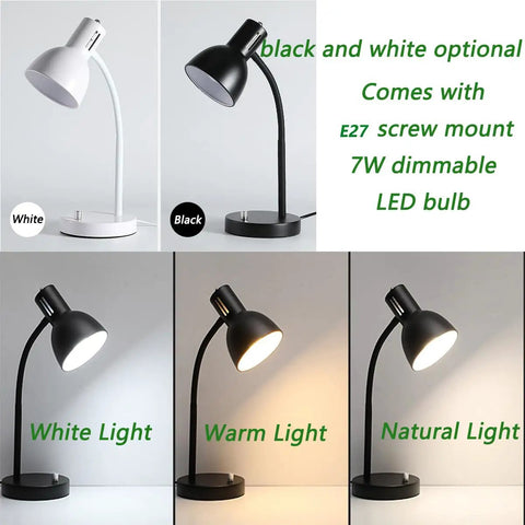 Flexible Gooseneck Desk Lamp With Dimmable 7W LED Bulb Included in black and white, adjustable color temp 3000K-5000K