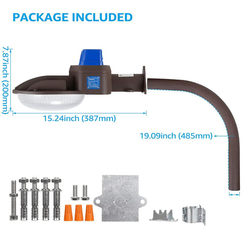 75W LED Barn Light Dusk To Dawn Outdoor Flood Light With Photocell, Mounting Arm Included, dimensions and parts shown