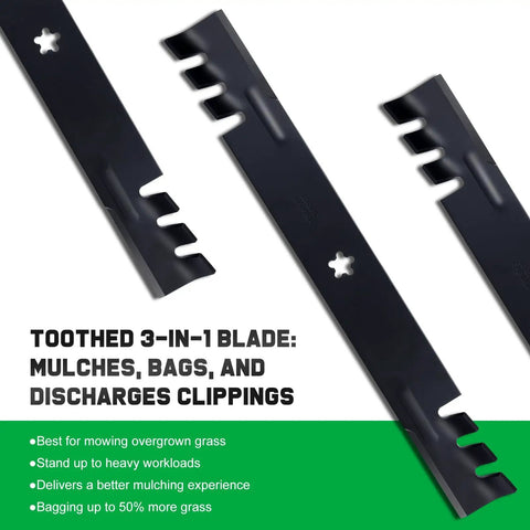 Craftsman 42 Inch Mower Mulching Blades Replacement For LT1000 LT2000 T110 42 Deck Zero Turn Riding Mower With Five Point Star Mounting Pattern 532138971 138498 showing toothed 3-in-1 blade design