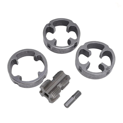 ZJchao PVC Pipe Threader Kit With 3 Dies For 1/2 3/4 And 1 Inch Plastic Pipes showing three round dies and one threading die.
