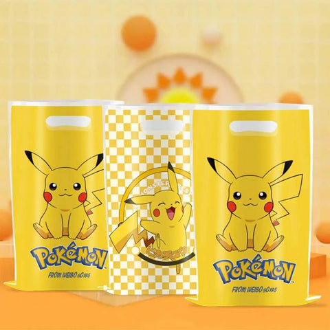 30 Pack Cartoon Theme Party Gift Bags With Easy Carry Top Handles, 10 Inch By 7 Inch, featuring Pikachu illustration.