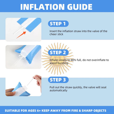 Inflation guide for 48 Pack Soccer Fan Noisemaker Set with Argentina Flag theme showing steps to inflate thunder sticks.