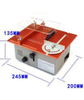 Mini Dual Motor Table Saw With 360W For Hella Precise Woodworking Cuts And Sweet Home Shop Projects Featuring Badass Aluminum Alloy Platform Setup Now, angled view with measurements.