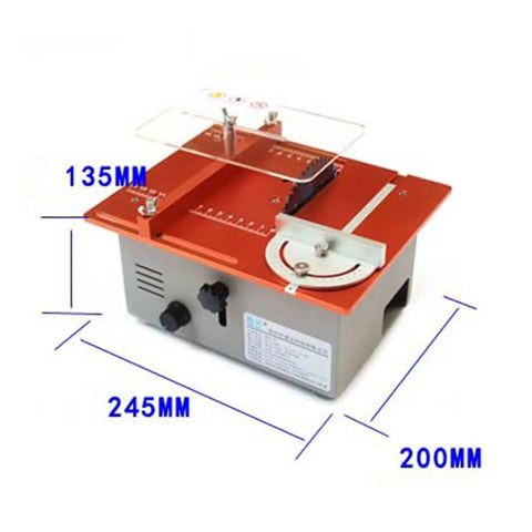Mini Dual Motor Table Saw With 360W For Hella Precise Woodworking Cuts And Sweet Home Shop Projects Featuring Badass Aluminum Alloy Platform Setup Now, angled view with measurements.