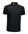 Lock In Your Kitchen Grind With This Fresh Modern Fit Short Sleeve Chef Coat Jacket Double Breasted Breathable Restaurant Catering Uniform Shirt For Dedicated Cooks And Chefs in black, short sleeve, lightweight material.