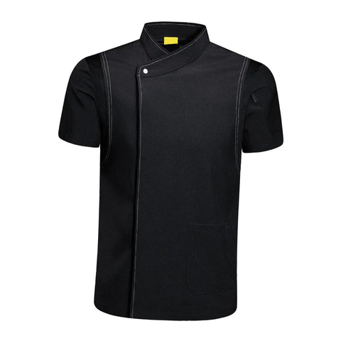 Lock In Your Kitchen Grind With This Fresh Modern Fit Short Sleeve Chef Coat Jacket Double Breasted Breathable Restaurant Catering Uniform Shirt For Dedicated Cooks And Chefs in black, short sleeve, lightweight material.