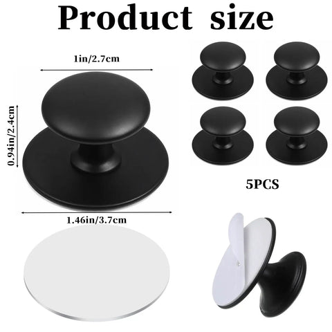 Five Pack Self Adhesive Cabinet Knobs No Drill Required Quick Install Black Drawer Handles For Cabinets And Drawers DIY Furniture Makeover For Quick Home Renovation Projects showing size and adhesive back.