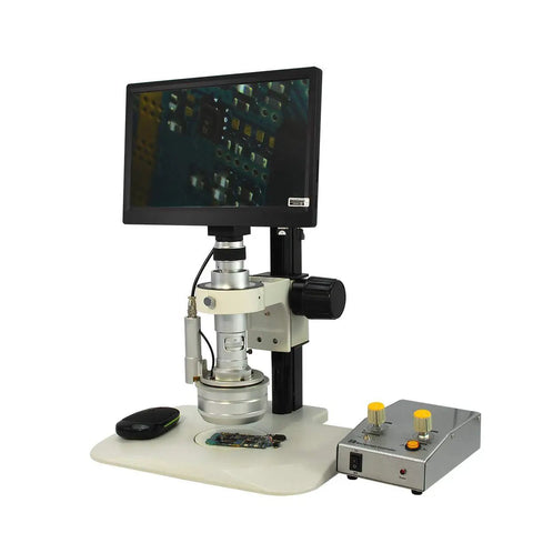 0.65-4.5x Industrial Inspection 3D Video Microscope With LCD Display And Built-In Digital Camera, Dope Track Stand For Precise Micro Work, Perfect For Electronics, Jewelry, And Small Part Inspection TD02020201, desktop unit with control box