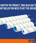 Sick 9 Inch Microfiber Paint Roller Covers 1/2 Nap Bulk Pack Of 96 Slick Sleeves for walls, showing various sizes and striped pattern.