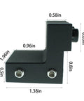 Side view of black carbon steel barn door track limiter with dimensions labeled, part of 2-piece sliding barn door track limiters and roller stoppers.