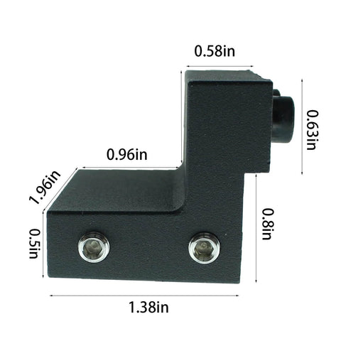 Side view of black carbon steel barn door track limiter with dimensions labeled, part of 2-piece sliding barn door track limiters and roller stoppers.