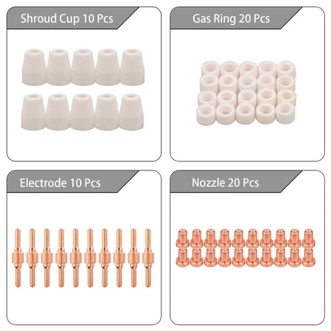 60 Piece Extended Air Plasma Cutting Consumables Kit For PT-31 JG-40 WSD-40 Torches Shroud Cups Gas Rings Electrodes Nozzles