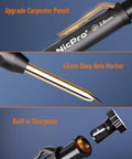 Pro Grade Carpenter Drawing Kit With Straight Up Solid Lead Pencils And Mechanical Refills, Sharpener, Carbide Scribe, Mini Level, Center Punch, Canvas Bag For Crew Leaders And Tradesmen showing graphite pencil, deep hole marker, and built-in sharpener.