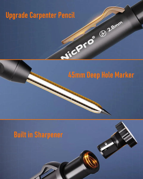 Pro Grade Carpenter Drawing Kit With Straight Up Solid Lead Pencils And Mechanical Refills, Sharpener, Carbide Scribe, Mini Level, Center Punch, Canvas Bag For Crew Leaders And Tradesmen showing graphite pencil, deep hole marker, and built-in sharpener.