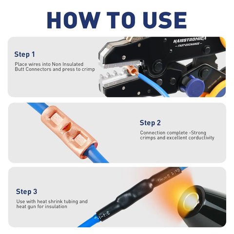 Instructions on using the Uninsulated Butt Connectors Kit With 24 Bare Copper Splice Terminals AWG 8-4 And 24 Pcs 3 To 1 Heat Shrink