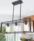 Farmhouse Black Lantern Pendant Chandelier With Seeded Glass, 3 Light Modern Dining Room Kitchen Island Lighting, Adjustable Height