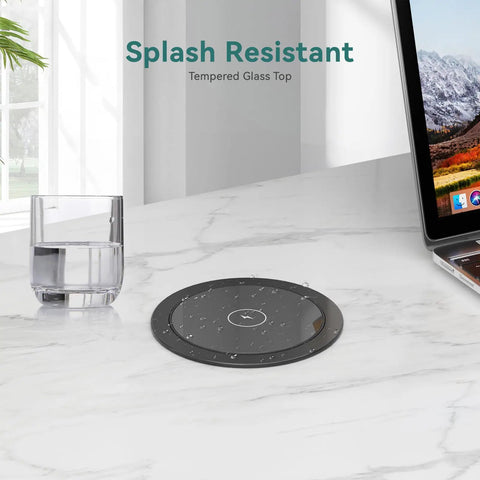 Pop Up Outlet With Wireless Charger And USB C Slick Retractable Recessed Power Station on marble counter near laptop