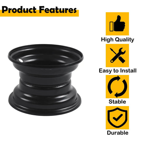 7 Inch ATV Wheel Rim That's Ready For 16x8-7 Tire, black alloy, 3 lug mount, with product feature icons, shown front view.