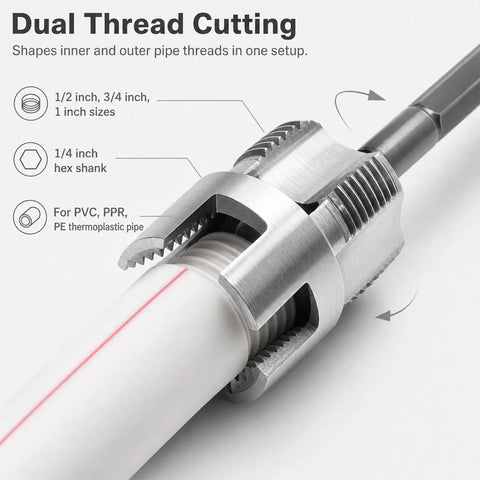 All in One DIY Friendly Pipe Thread Cutting Tool Kit With Internal And External Threading Includes Half Inch Three Quarter Inch And One Inch Threaders Quarter Inch Hex Shank Electric Drill Compatible Works On PPR PVC Plastic MPP And Metal, 1/2" PVC pipe