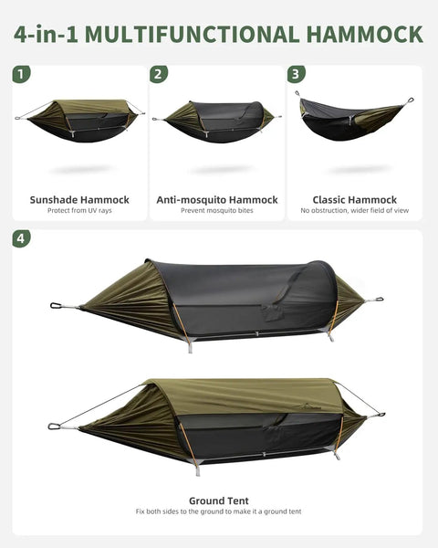 4 In 1 Camping Hammock Tent With Mosquito Net And Removable Sunshade for Outdoors Hiking Travel, showing sunshade and tent modes