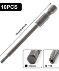 Top Shelf T10 Security Torx Screwdriver Bits Set 10 Piece Magnetic S2 Steel Driver Bits with 75mm length and quarter inch hex shank.