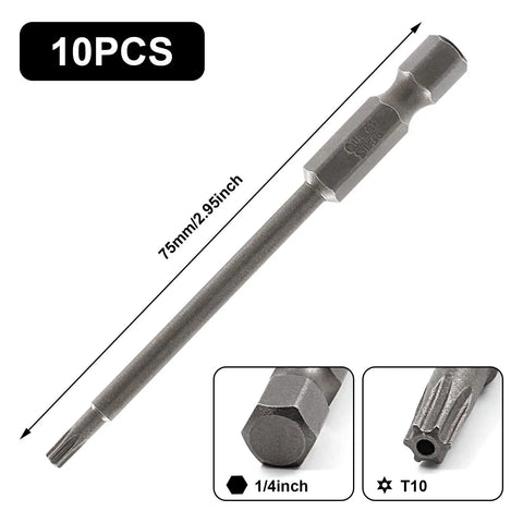 Top Shelf T10 Security Torx Screwdriver Bits Set 10 Piece Magnetic S2 Steel Driver Bits with 75mm length and quarter inch hex shank.