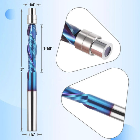 Rock Solid Compression Spiral Flush Trim Router Bit With Bottom Bearing And Quarter Inch Shank Heavy Duty Solid Carbide Cutter Coated In Nano Blue For Silky Cnc Woodwork And Metal Projects