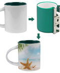 Plain mug and printed mug with Six Pack 11 Oz 3D Sublimation Silicone Mug Wraps For Printing showing sublimation process.