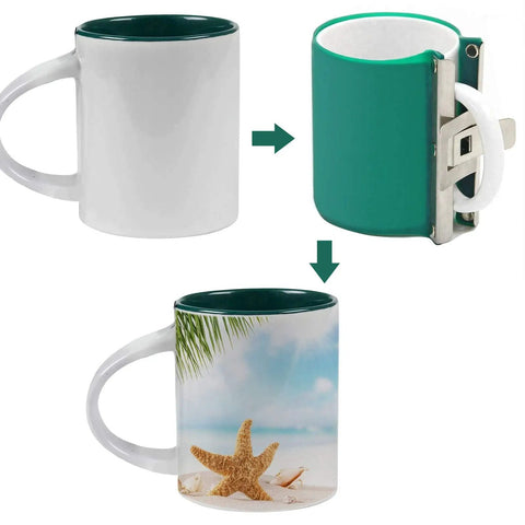 Plain mug and printed mug with Six Pack 11 Oz 3D Sublimation Silicone Mug Wraps For Printing showing sublimation process.