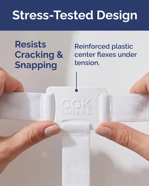 Close-up of hands holding Adjustable Elastic Bed Sheet Holders With Strong Metal Clips, stress-tested design.