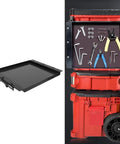 Heavy Duty Foldable Work Table With Removable Magnetic Tool Tray Versatile Mobile Workbench Quick Assemble Solid Design showing black tool tray attachment.