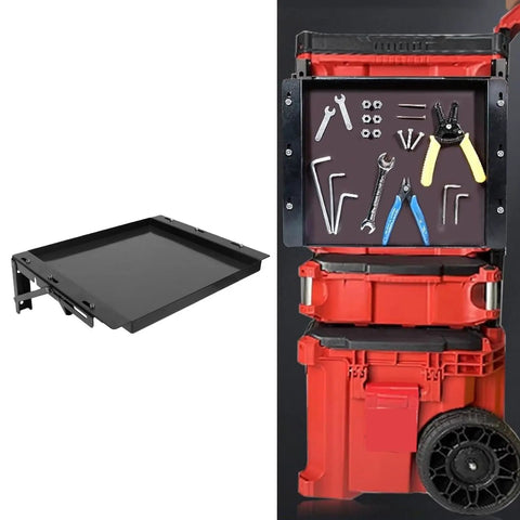 Heavy Duty Foldable Work Table With Removable Magnetic Tool Tray Versatile Mobile Workbench Quick Assemble Solid Design showing black tool tray attachment.
