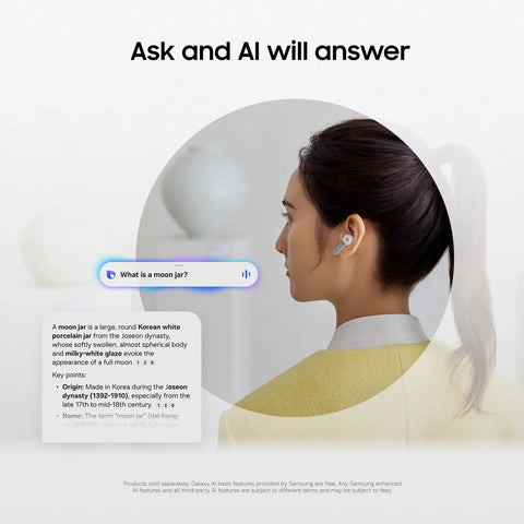 Woman using Galaxy Buds 4 Pro 2026 AI True Wireless Earbuds With Hi-Res Audio And 2-Way Speaker ANC 2.0 in an office setting.