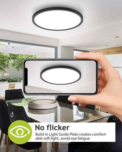 Dope Low Profile Flush Mount LED Ceiling Light Fixture Black 12 Inch 28W Dimmable With 3 Color Temperatures 3000K 4500K 6000K installed in a modern dining room